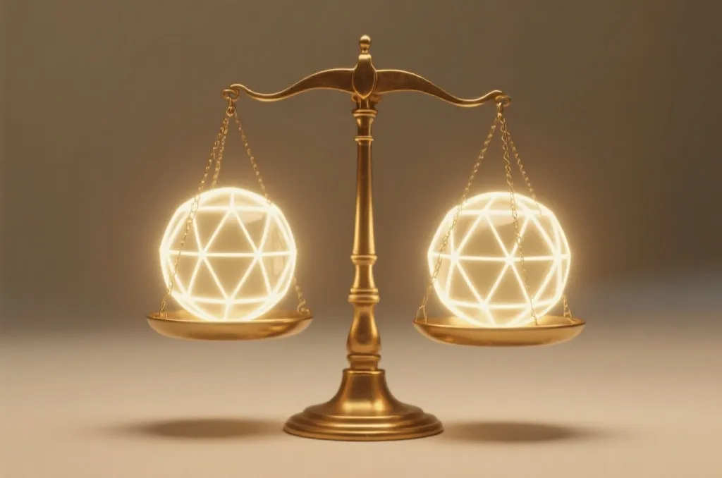 象征概率平衡的几何球体与天平
