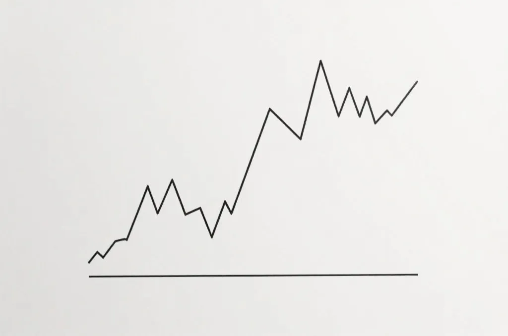 A simple black and white line graph depicting fluctuating data trends, minimalist design, mathematical concept, no text